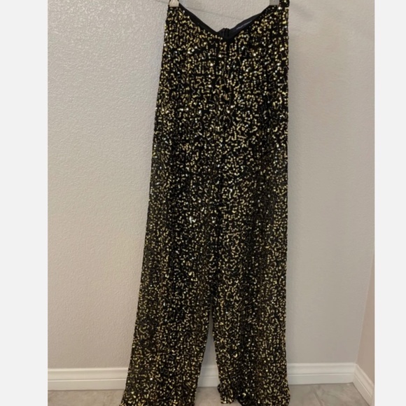 FRENCH CONNECTION Black Gold Sequin Wide Leg  Pant Size 4 - Picture 1 of 10